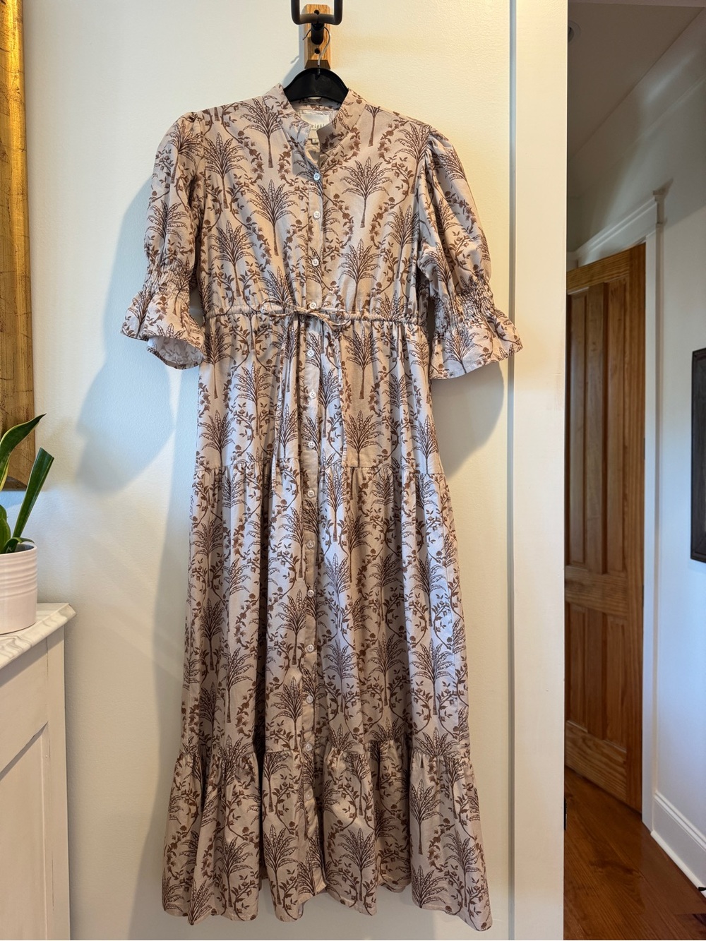 Victoria Dunn Beige Maxi Dress with Brown Botanical Print